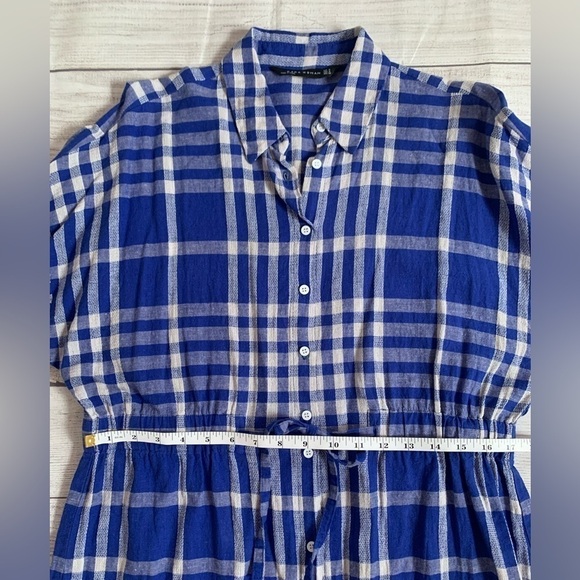 Zara Linen-Cotton Blend Blue Gingham Check Shirt Dress with Drawstring Waist - Picture 7 of 14